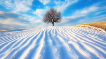 Solitary tree atop a snow-covered, windswept hill under a vibrant sky. photo