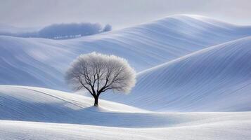 Solitary tree in a snow-covered landscape, bathed in soft light. photo