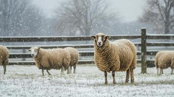 Snowy winter scene with sheep behind wooden fence. photo
