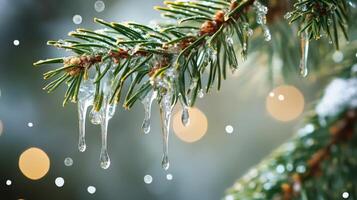 Icy dripping needles on a winter tree branch. photo