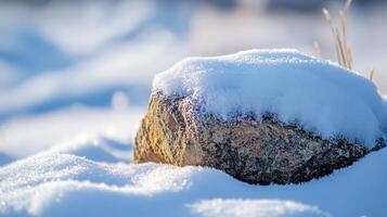 Snowy winter landscape featuring a large rock. photo