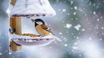 Snowy winter scene with a bird at a feeder. photo