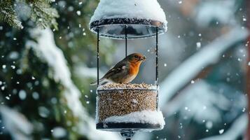 Snowy winter scene with bird feeder and robin. photo