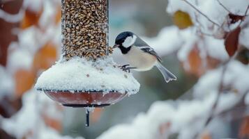 Snowy winter scene of a bird feeder with a titmouse. photo