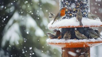 Snowy winter scene with birds at a feeder. photo