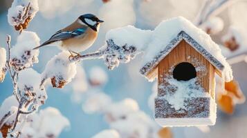 Winter scene with birdhouse and a small bird. photo