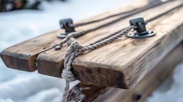 Close-up view of a rustic wooden sled with ropes. photo