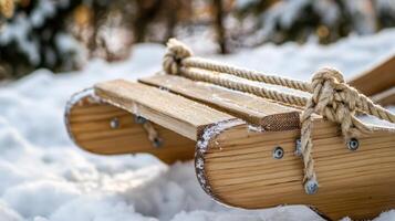 Wooden sled with ropes rests on snowy ground. photo