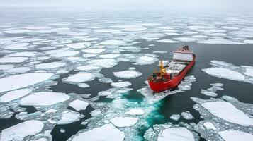 Red cargo ship navigating through a field of ice floes. photo