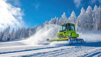 Snowy mountain terrain machine in action. photo