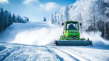 Snowy winter landscape with a green snowplow. photo