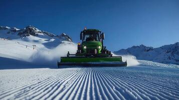 Snow grooming machine working on a ski slope. photo