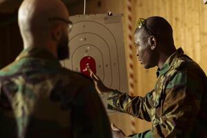 Army soldiers at shooting gallery participate in elite level marksmanship training program, hitting targets, comparing results. Military units at firing range doing shooting course, shooting bullseyes photo