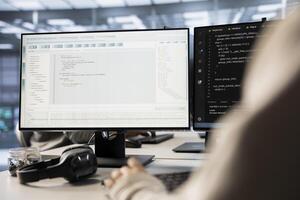 Technician in server room implementing advanced cooling and power management solutions to reduce energy consumption. IT expert integrating new technologies and systems in data center photo