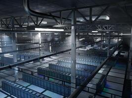 Clustered server infrastructure supporting crypto transactions, blockchain storage and ledger validation. Deep learning hardware enabling decentralized processing at scale, 3D render photo