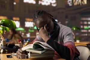 Overworked african american pupil studying all night for an exam, falling asleep on the desk in the library. Young exhausted student dealing with burnout and complex university subjects. photo