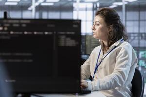 Computer scientist in server room implementing power management solutions to reduce energy consumption. Woman using PC, integrating new technologies and systems in data center photo