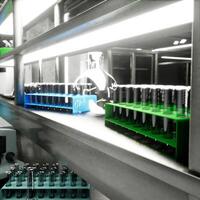 3D render of smart lab featuring sterile glass vials, test tubes and diagnostics equipment used for clinical testing, sample analysis and patient diagnostics in high tech medical environment, close up photo