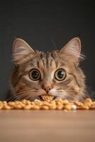Cat explores breakfast chaos with curiosity and a cereal box on the kitchen table photo