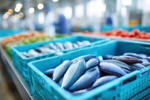 Close-up of diverse fish varieties in vibrant production setting with ample room for branding and text photo