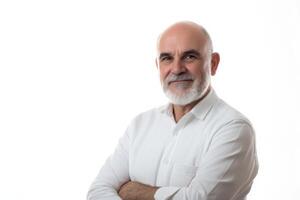 Professional marketer poses confidently against a clean white background for marketing branding efforts photo
