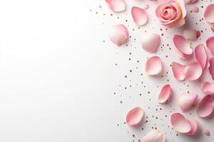 Valentines Day card adorned with delicate rose petals creating a romantic atmosphere for love and affection photo