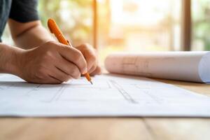 Engineers collaborate on urban infrastructure planning with blueprints and modern tools at construction site photo