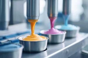 Bright and colorful ice cream being mixed and churned in a modern factory setting photo
