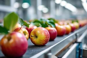 Colorful apple production with various products on an assembly line during daylight in a busy factory setting photo
