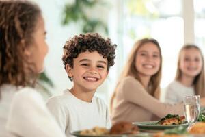Kids joyfully setting a colorful dining table for a festive family dinner with laughter and excitement photo
