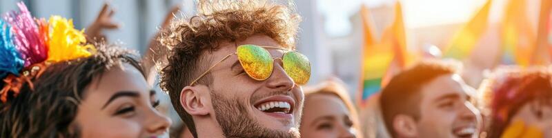 Diverse individuals celebrating Pride Month with joy and colorful decorations in a vibrant parade setting photo