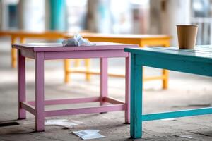 Bright and colorful tables create a lively atmosphere with scattered trash and forgotten items photo