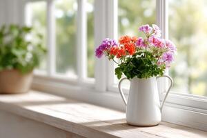 Bright flowers in a cheerful pitcher on a sunny windowsill with a lively atmosphere photo