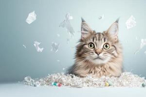 Cat enjoys catnip while surrounded by shredded paper and scattered toys in a playful mess photo