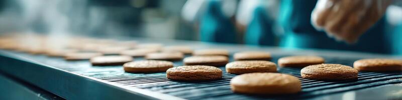 Dynamic view of cookies baking in a factory setting with room for text and action photo
