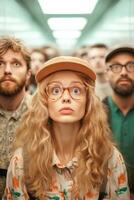 Waiting in line for broken public toilets leads to mixed reactions of impatience and humor photo
