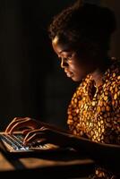 Diverse student engaged in online learning using laptop in a cozy environment during evening study session photo