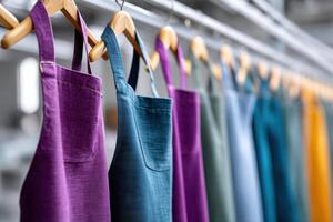 Close-up view of vibrant aprons in various styles hanging in a colorful production environment photo