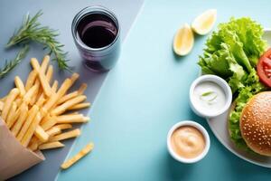 Exploring the contrast of healthy meals and junk food through vibrant visuals and graphics photo