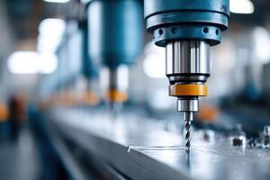 Close-up view of colorful drilling machines on production line showcasing advanced manufacturing processes photo