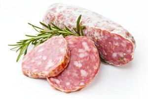 High quality kielbasa sausage with slices and rosemary on white background for culinary use photo