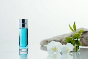Premium skincare cosmetics and perfumes with elegant presentation on white background photo