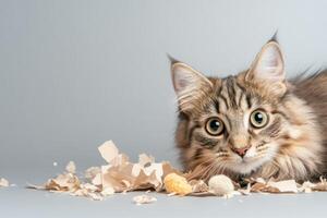 Cat enjoys playful chaos amidst shredded paper and scattered toys in a cozy indoor setting photo