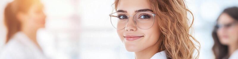 Diverse group learns about eye health at optometrist office during routine check-ups photo