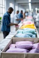 Efficient workers assembling colorful bags in a lively factory environment photo