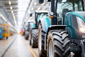 Close-up view of various tractor models on the assembly line in a factory photo
