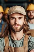 Diverse group of factory workers showcasing teamwork and dedication in a manufacturing setting photo