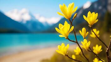 Yellow Magnolia Flowers by Turquoise Lake with Snowy Mountains in Background photo