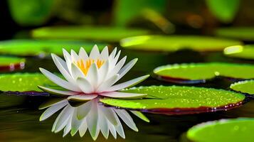 Serene White Water Lily on Reflective Pond photo