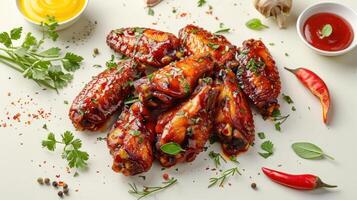 Chicken wings with sauce and herbs on a white background photo